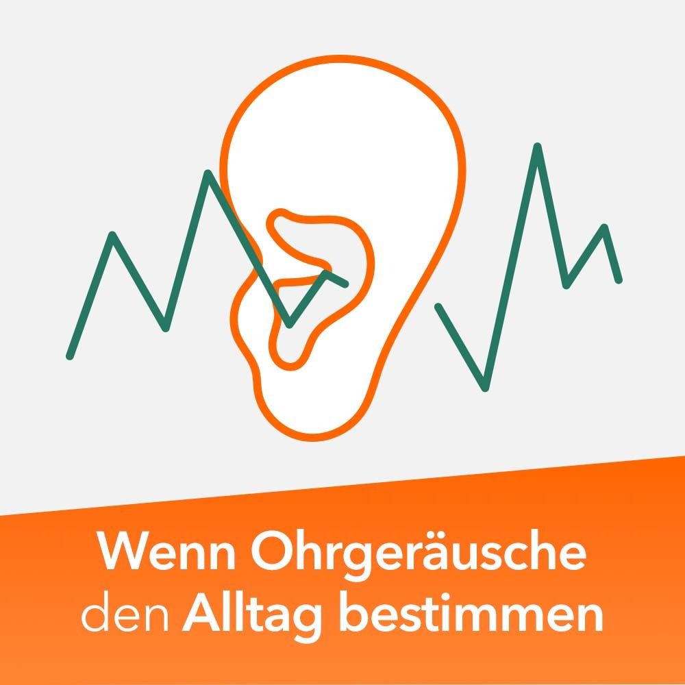 Grafik eines Ohrs mit Schallwellen. Text: 'Wenn Ohrgeräusche den Alltag bestimmen'.