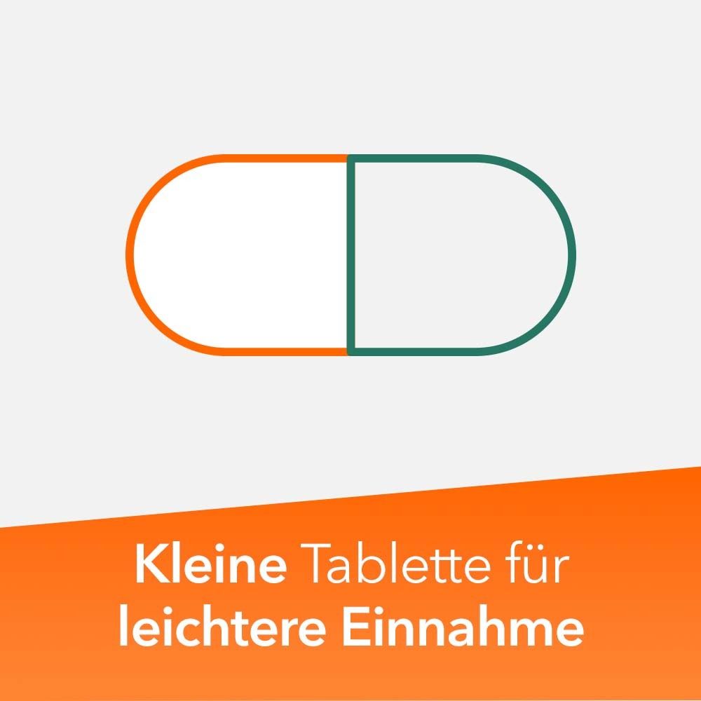 Grafik einer Tablette. Text: 'Kleine Tablette für leichtere Einnahme'.