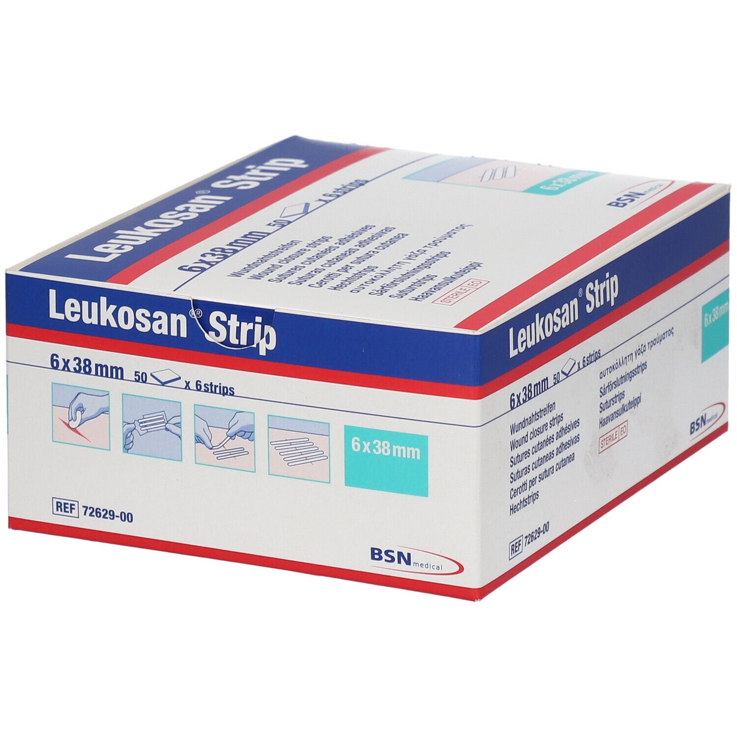 Verpackung Leukosan® Strip. 6 x 38 mm. 50 x 6 Streifen. BSN medical. Produktinformationen und Anwendung.