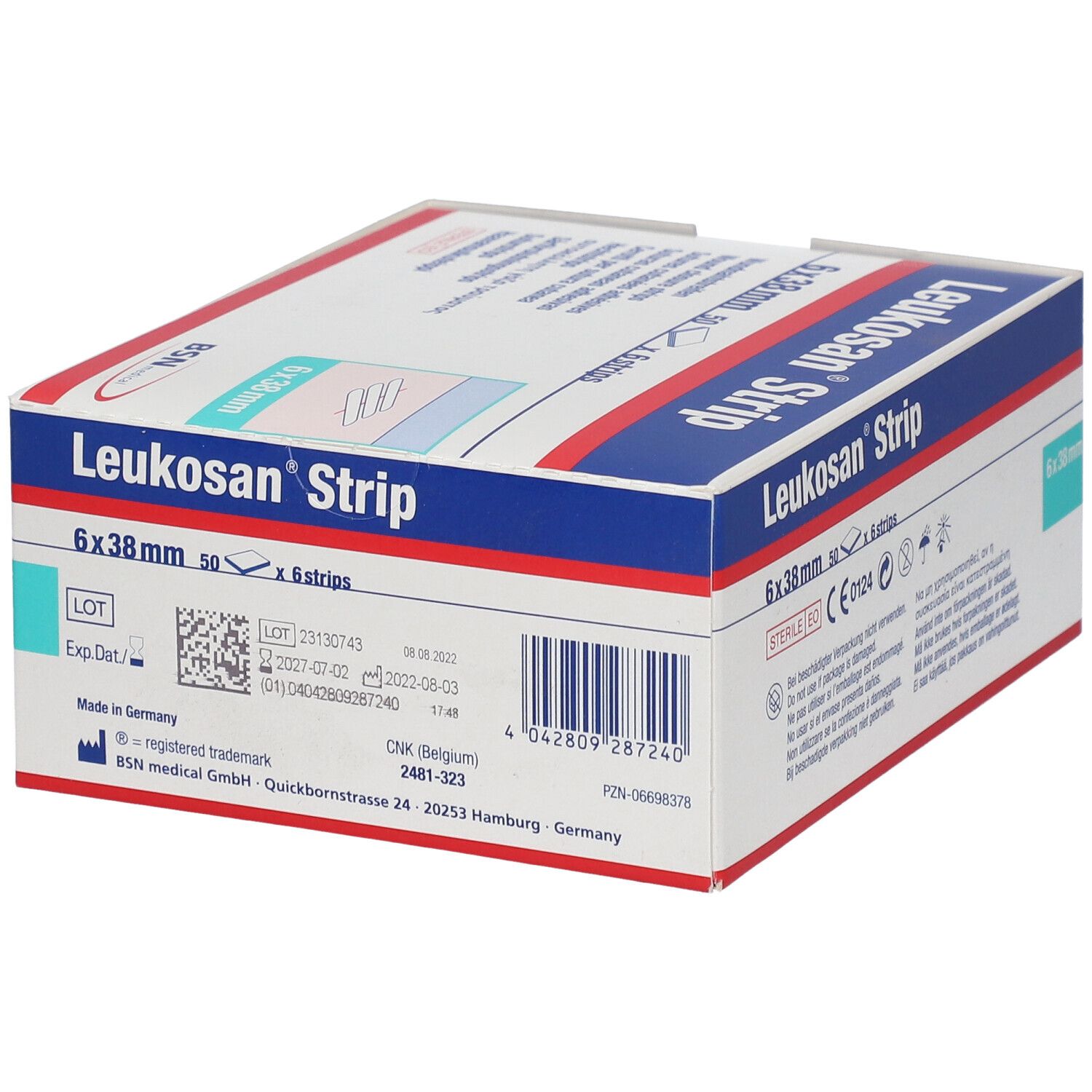 Verpackung Leukosan® Strip. 6 x 38 mm. 50 x 6 Streifen. Chargennummer, Verfallsdatum. BSN medical.