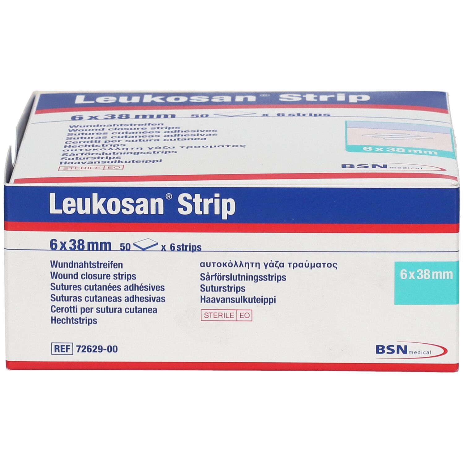 Verpackung Leukosan® Strip. 6 x 38 mm. 50 x 6 Streifen. Sterile EO. BSN medical. Produktinformationen.