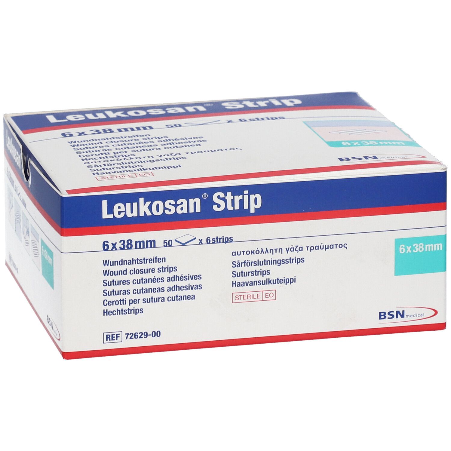 Verpackung Leukosan® Strip. 6 x 38 mm. 50 x 6 Streifen. BSN medical. Produktinformationen.