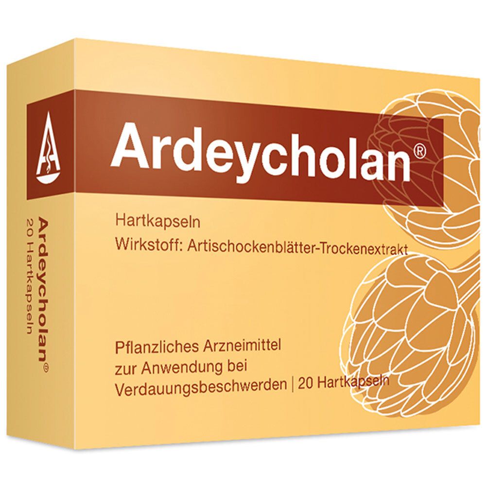Ardeycholan® Hartkapseln-Packung. Gelbe Schachtel mit Produktnamen und Artischocken-Illustrationen. 20 Hartkapseln.