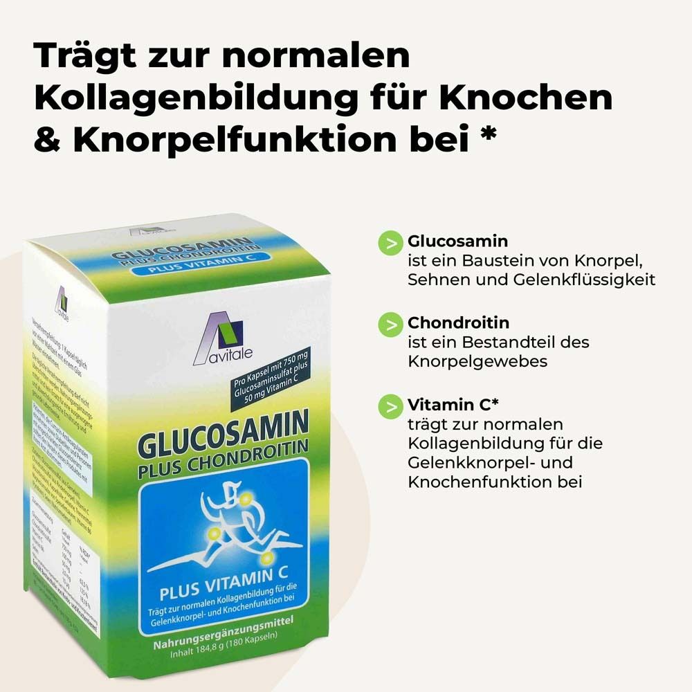Karton Avitale Glucosamin Plus Chondroitin. Text: Trägt zur normalen Kollagenbildung für Knochen & Knorpelfunktion bei. Inhaltsstoffe.
