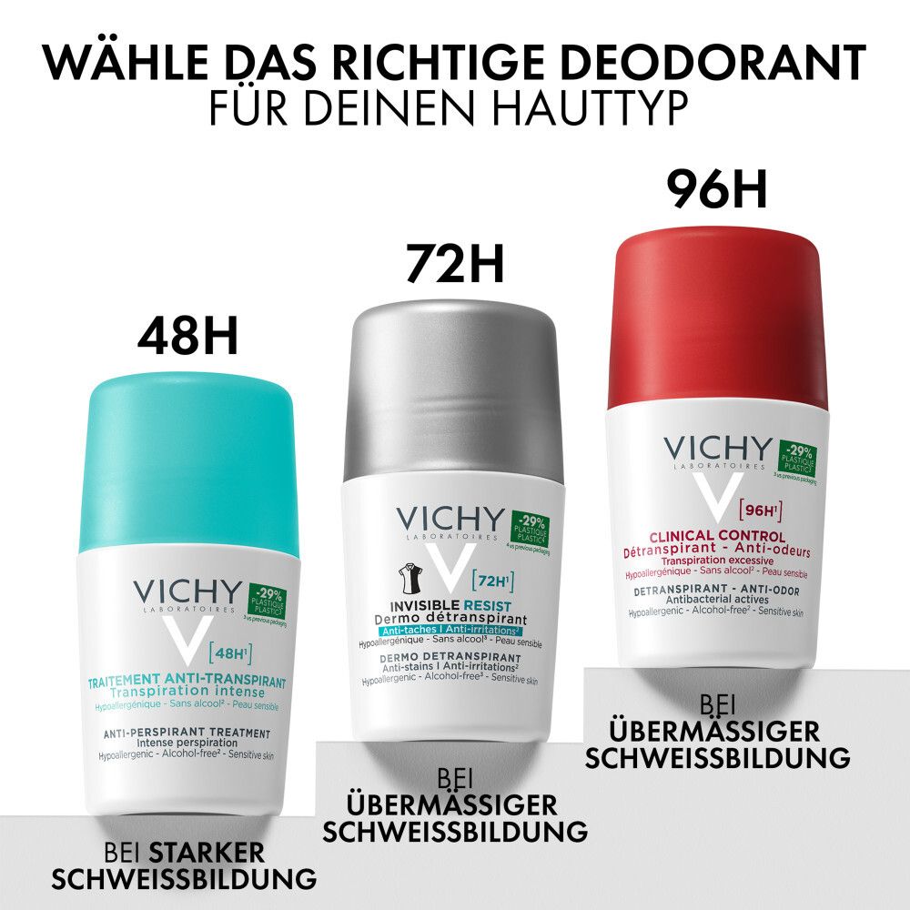 Drei Vichy Roll-Ons: 48h, 72h, 96h für unterschiedliche Schweißbildung.