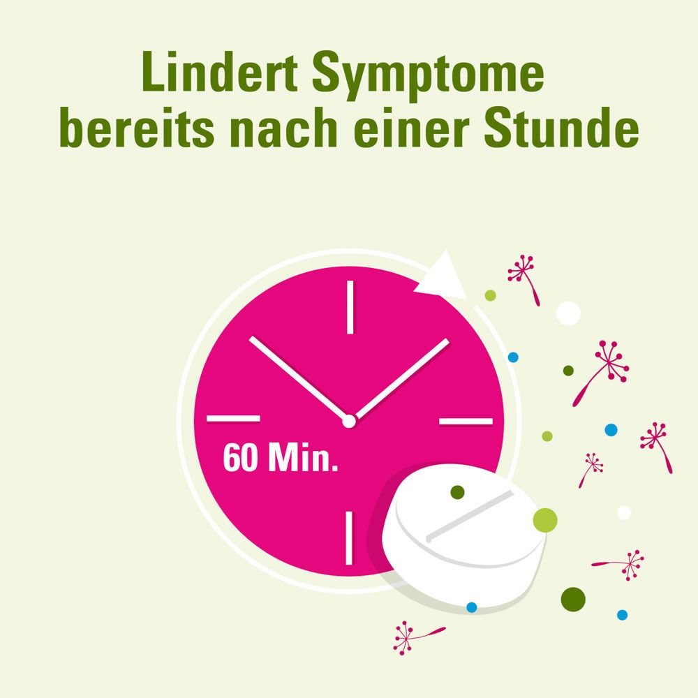Illustration einer Uhr und einer Tablette. Text: Lindert Symptome bereits nach einer Stunde. 60 Min.