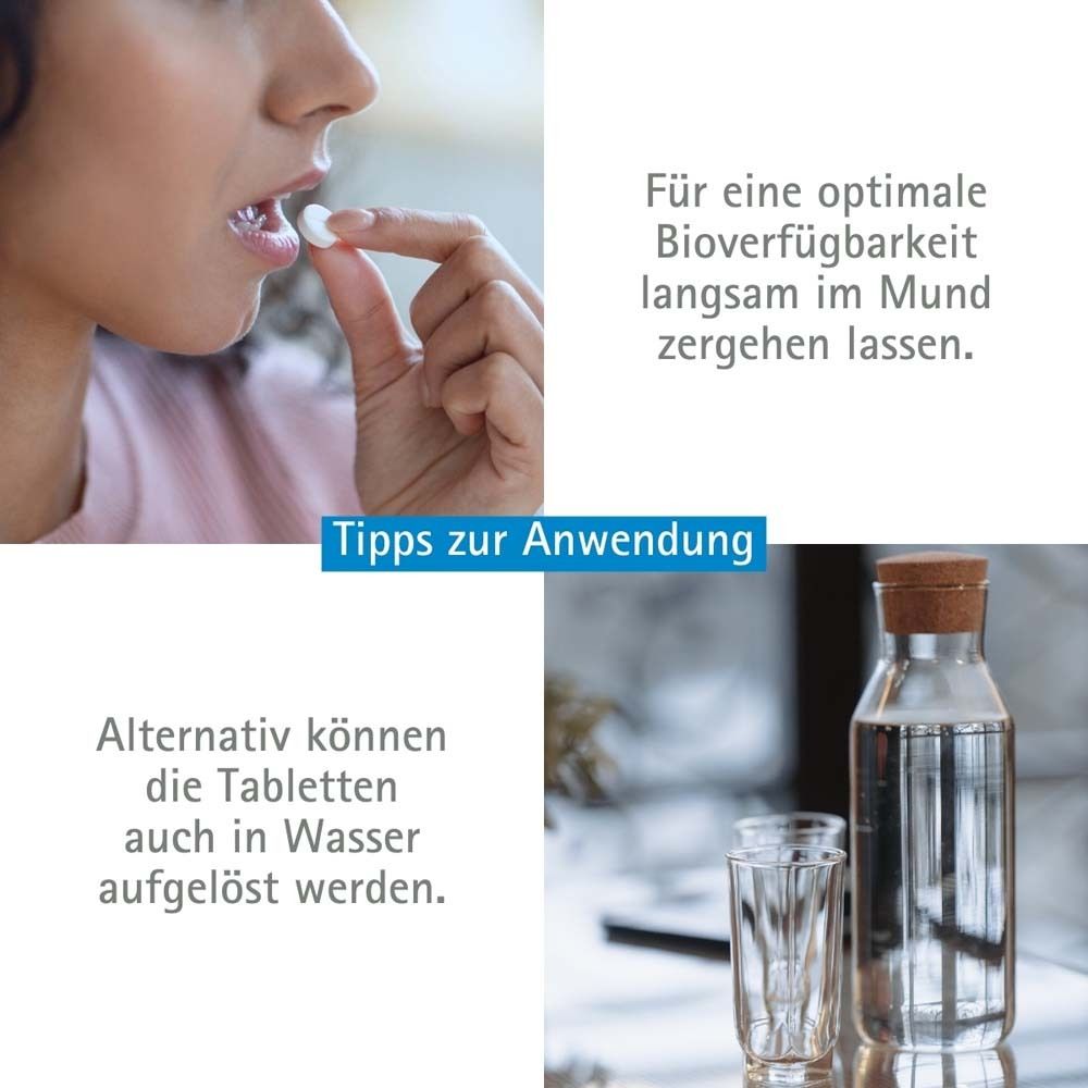 Eine Frau nimmt eine Tablette in den Mund. Text: Für optimale Bioverfügbarkeit langsam im Mund zergehen lassen. Wasser und Glas.