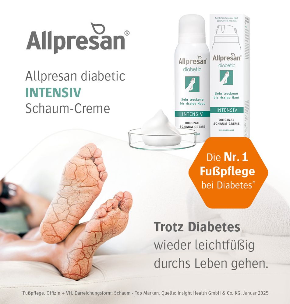 Werbebild für Allpresan diabetic INTENSIV Schaum-Creme. Füße mit trockener Haut, Produktabbildung und Text.