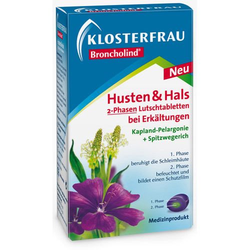 Blau-weiße Verpackung mit Produktnamen und floraler Abbildung. Text: Husten & Hals 2-Phasen Lutschtabletten bei Erkältungen. Medizinprodukt.
