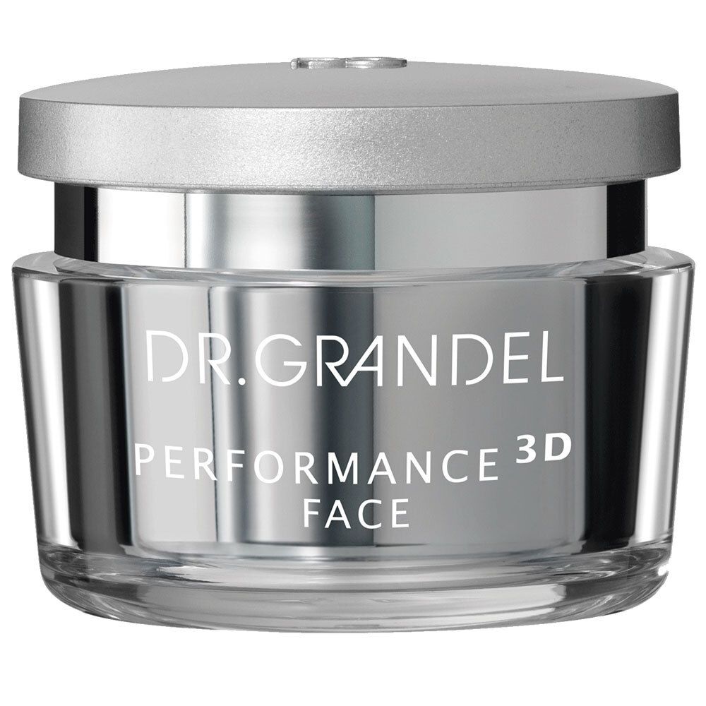 Creme-Glas mit silbernem Deckel. Schriftzug: DR. GRANDEL PERFORMANCE 3D FACE.