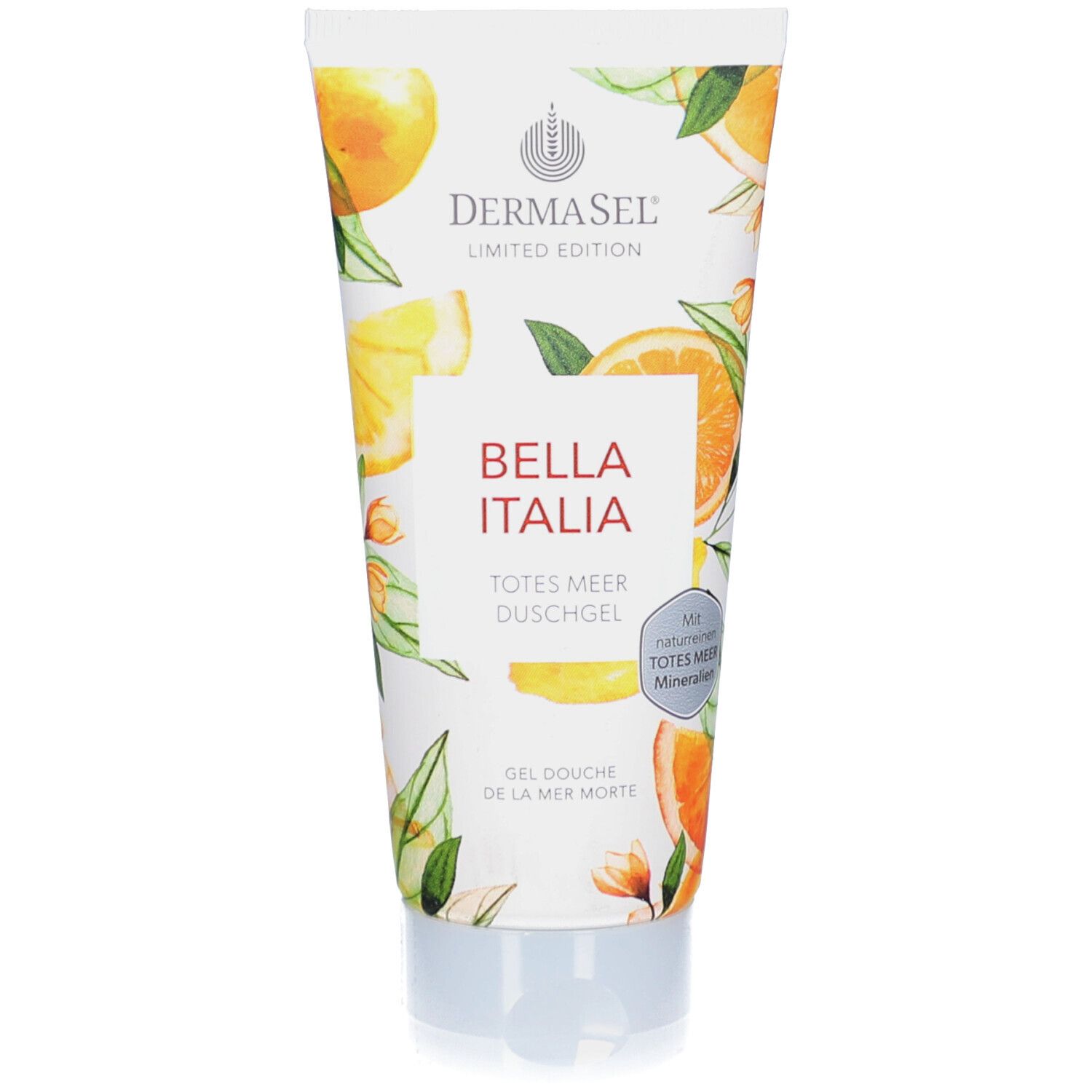 Tube Duschgel mit floralem Design und Orangen- und Zitronen-Illustrationen. Text: DERMASEL, BELLA ITALIA, Totes Meer Duschgel.