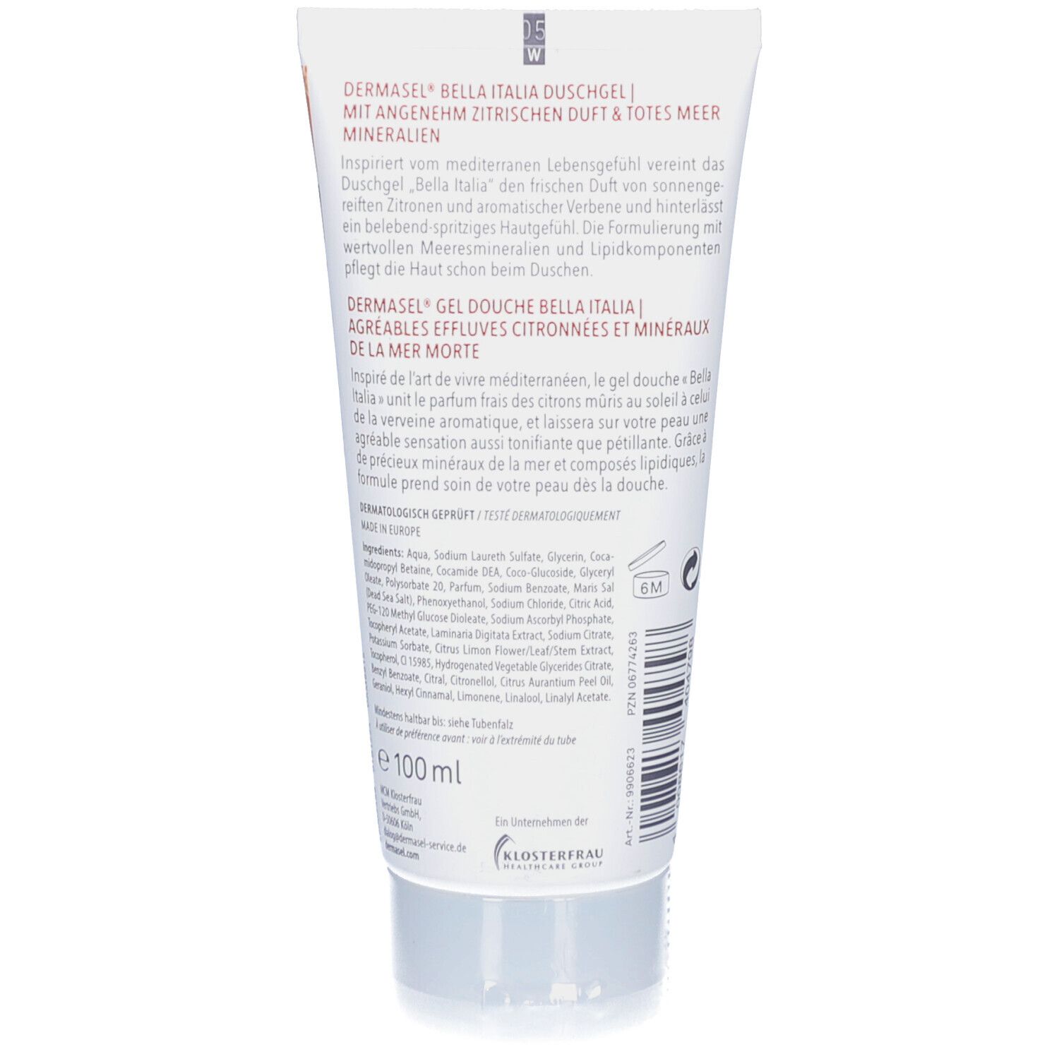 Rückseite einer Duschgel-Tube. Text: DERMASEL, Gel Douche Bella Italia, Inhaltsstoffe, 100 ml.