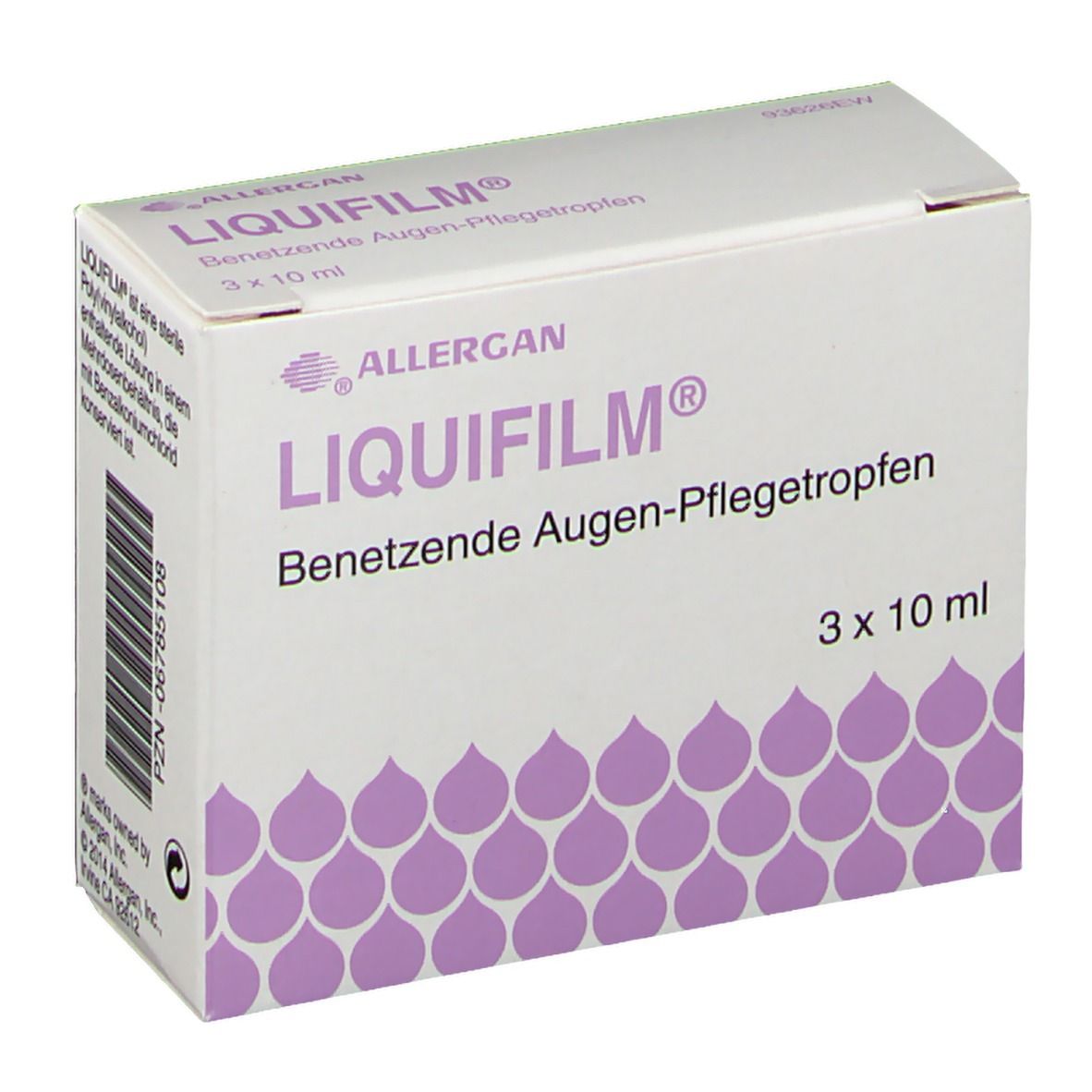 Drei weiße Flaschen LIQUIFILM® Augentropfen. Produktname und Marke deutlich sichtbar. Flaschen mit weißem Verschluss.