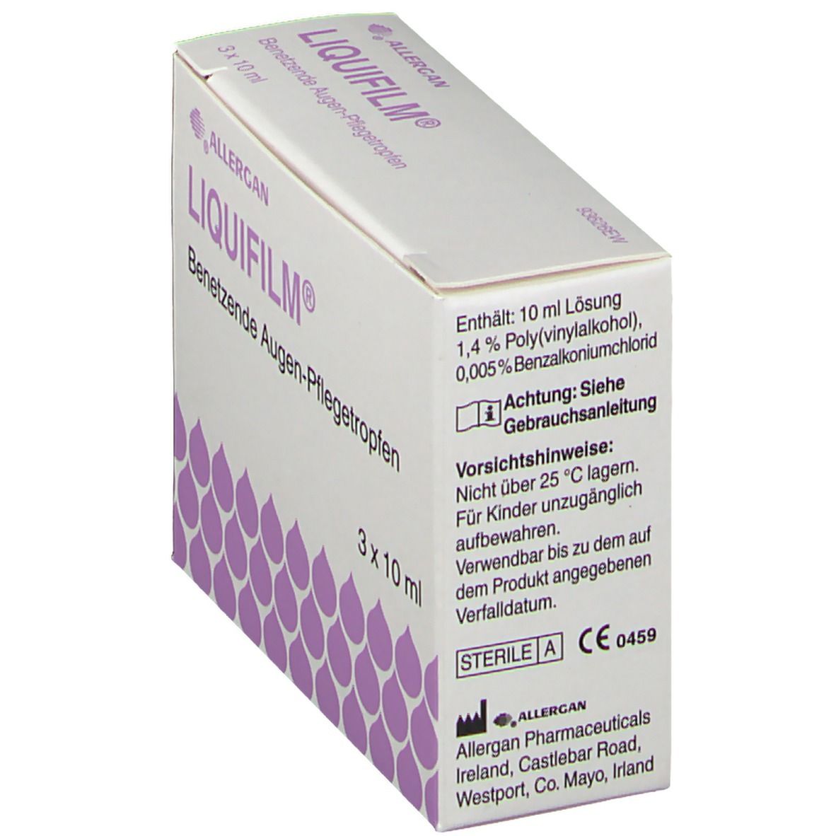 Drei weiße Flaschen LIQUIFILM® Augentropfen. Produktname und Marke deutlich sichtbar. Flaschen mit weißem Verschluss.