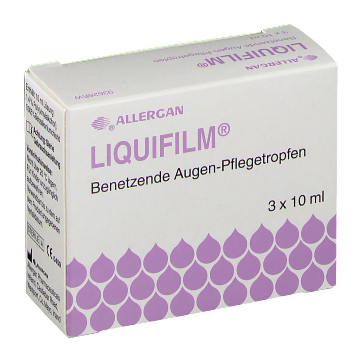 Drei weiße Flaschen LIQUIFILM® Augentropfen. Produktname und Marke deutlich sichtbar. Flaschen mit weißem Verschluss.
