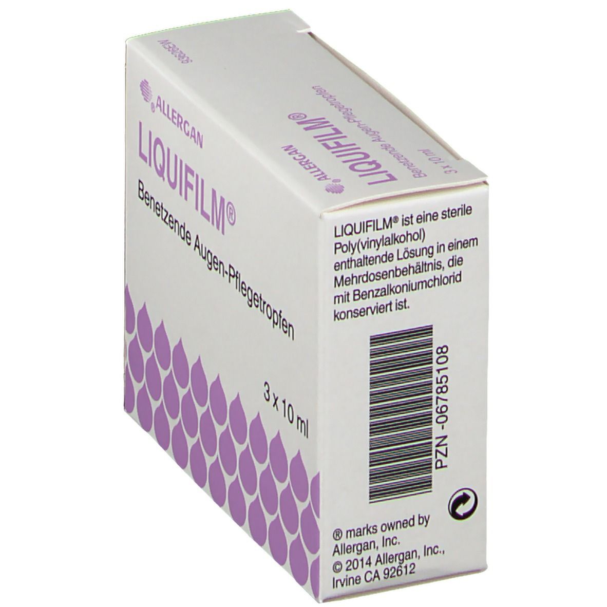 Drei weiße Flaschen LIQUIFILM® Augentropfen. Produktname und Marke deutlich sichtbar. Flaschen mit weißem Verschluss.