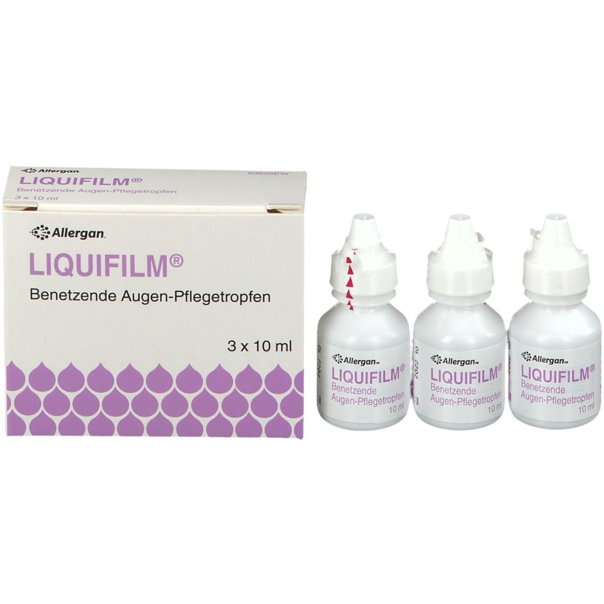 Drei Flaschen LIQUIFILM® Augentropfen und eine Schachtel. Produktname und Marke deutlich sichtbar. Verpackung mit lila Muster.