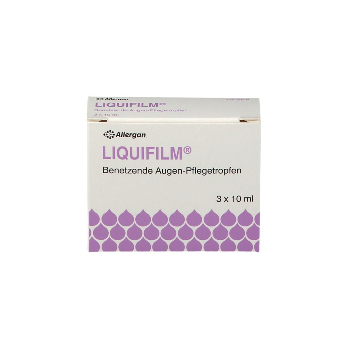 Schachtel mit LIQUIFILM® Augentropfen. Produktname und Marke deutlich sichtbar. Verpackung mit lila Muster.