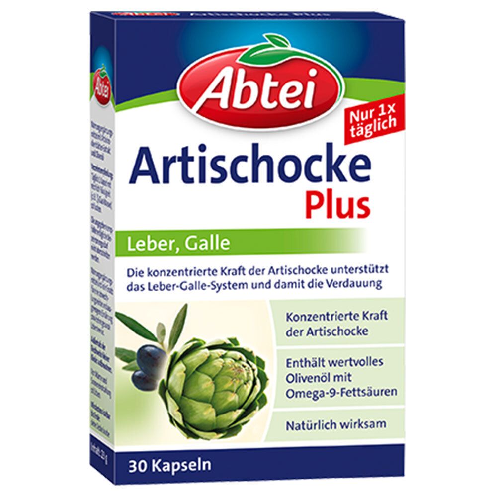 Abtei Artischocke Plus Packung. Blaue Verpackung mit Produktnamen und Artischocken-Illustration. 30 Kapseln.