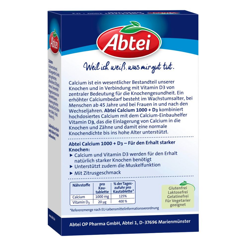 Rückseite der Abtei Calcium 1000 + D3 Packung. Enthält Informationen zu Inhaltsstoffen, Nährwerten und Hersteller. Glutenfrei, laktosefrei.
