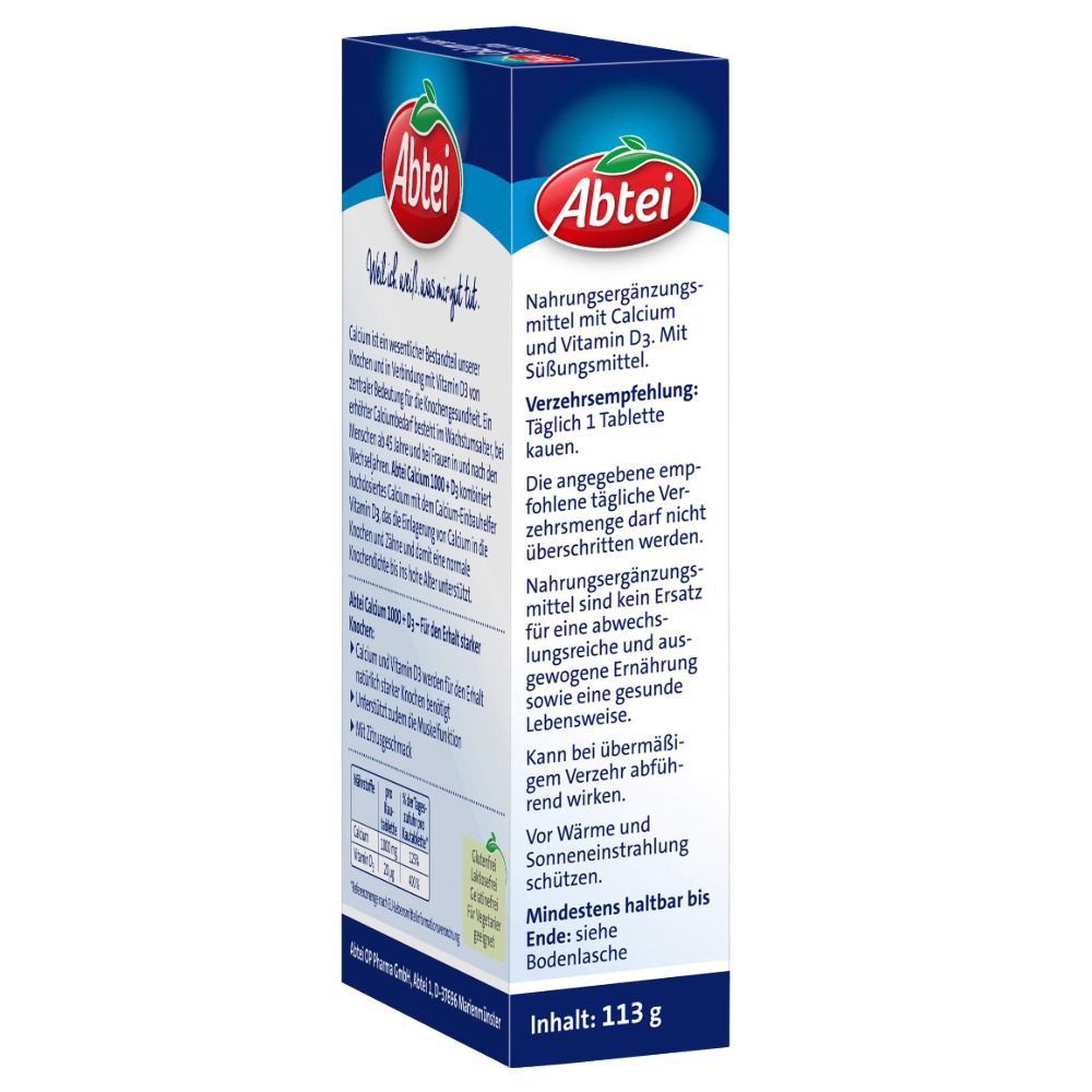 Seite der Abtei Calcium 1000 + D3 Packung. Enthält Informationen zur Anwendung und Warnhinweise. Mindesthaltbarkeitsdatum.