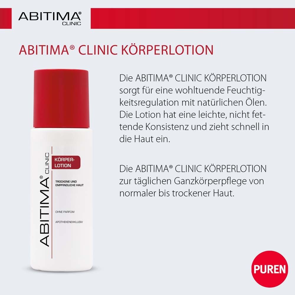 ABITIMA® CLINIC Körperlotion auf weißem Hintergrund. Text: Anwendung, Vorteile, Inhaltsstoffe.