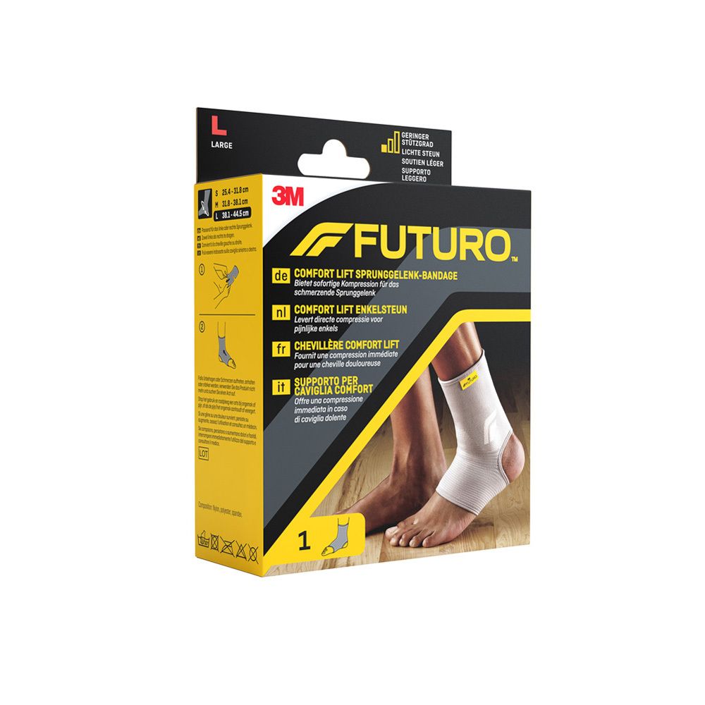 FUTURO Comfort Sprunggelenk-Bandage, Größe L, in Verpackung. Produktabbildung mit Fuß und Knöchelbandage.