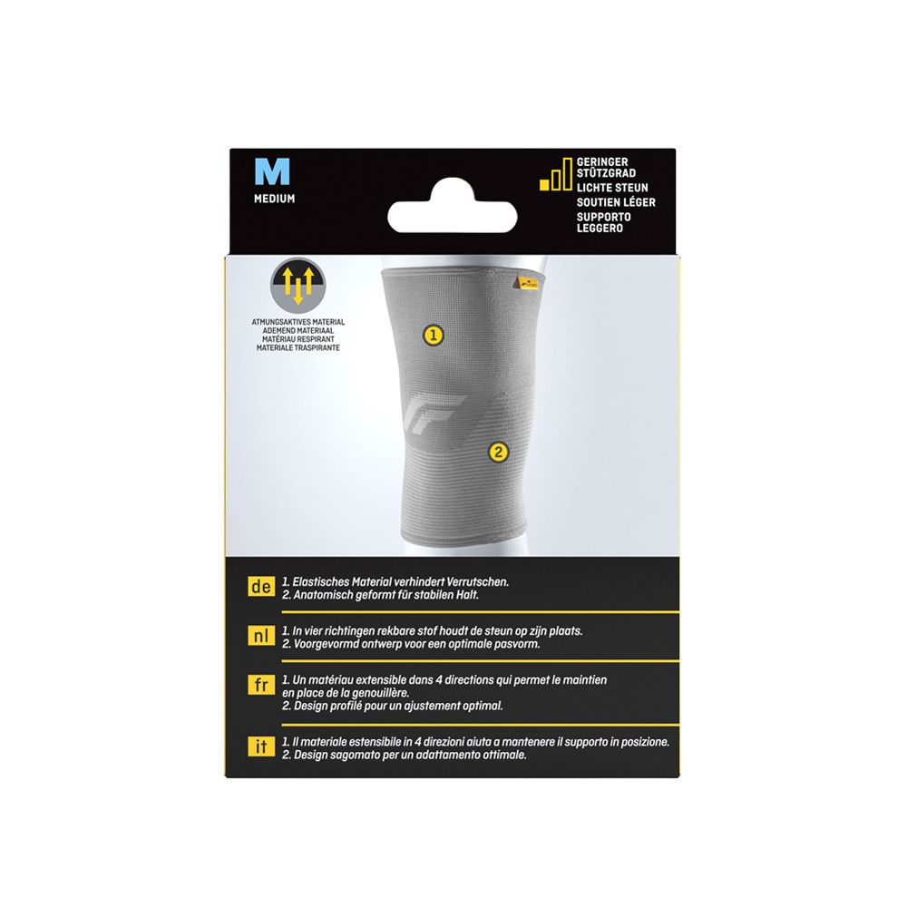 Rückseite der FUTURO Comfort Knie-Bandage, Größe M. Produktmerkmale in Deutsch, Niederländisch, Französisch und Italienisch.