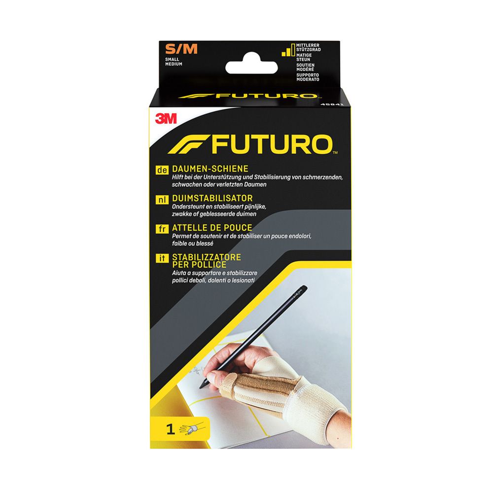 FUTURO Daumen-Schiene, Größe S/M, in Verpackung. Text: Daumen-Schiene, Duimstabilisator, Attelle de pouce, Stabilizzatore per pollice.