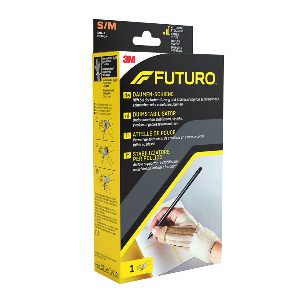 FUTURO Daumen-Schiene, Größe S/M, in Verpackung. Text: Daumen-Schiene, Duimstabilisator, Attelle de pouce, Stabilizzatore per pollice.