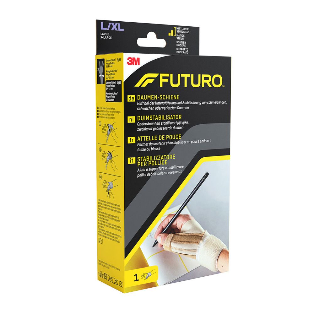 FUTURO Daumen-Schiene, L/XL. Verpackung mit Produktabbildung und Anwendungsbeispielen. 3M und FUTURO Logos. Text in Deutsch, Niederländisch, Französisch, und Italienisch.