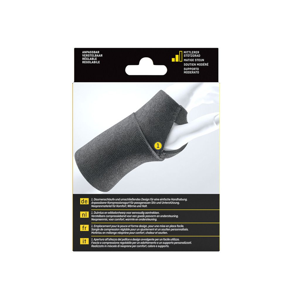 FUTURO® SPORT Handgelenk-Bandage, verpackt. Schwarze Bandage mit Daumenschlaufe. Aufdrucke in Deutsch, Niederländisch, Französisch und Italienisch.
