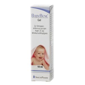 Karton mit BabyBene Gel. Aufdruck: Baby, Text, 10 ml. Baby mit Handtuch.
