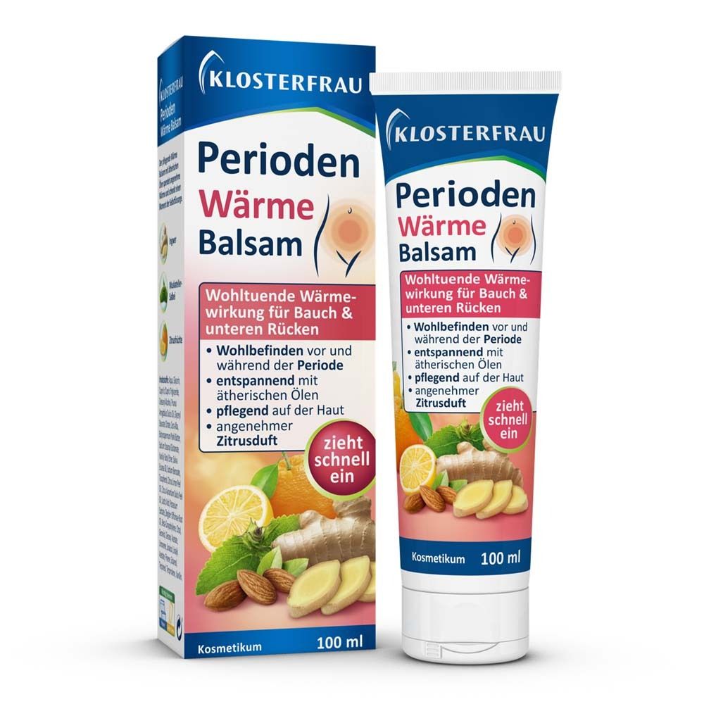 Tube und Schachtel mit Produkt. Text: Perioden Wärme Balsam. Abbildung: Bauch und Rücken. Zutaten: Zitrone, Ingwer, Mandeln.