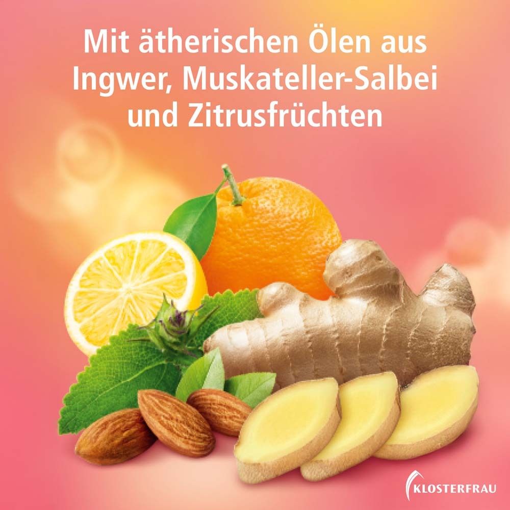 Zutaten: Ingwer, Muskateller-Salbei, Zitrusfrüchte. Abbildung: Zitrone, Orange, Ingwer, Mandeln, Blätter.
