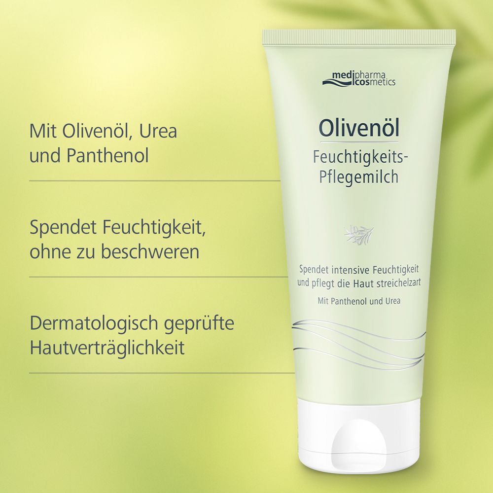 Grüne Tube mit weißem Deckel. Aufschrift: Olivenöl Feuchtigkeits-Pflegemilch. Marke: medipharma cosmetics. Text: Spendet Feuchtigkeit.