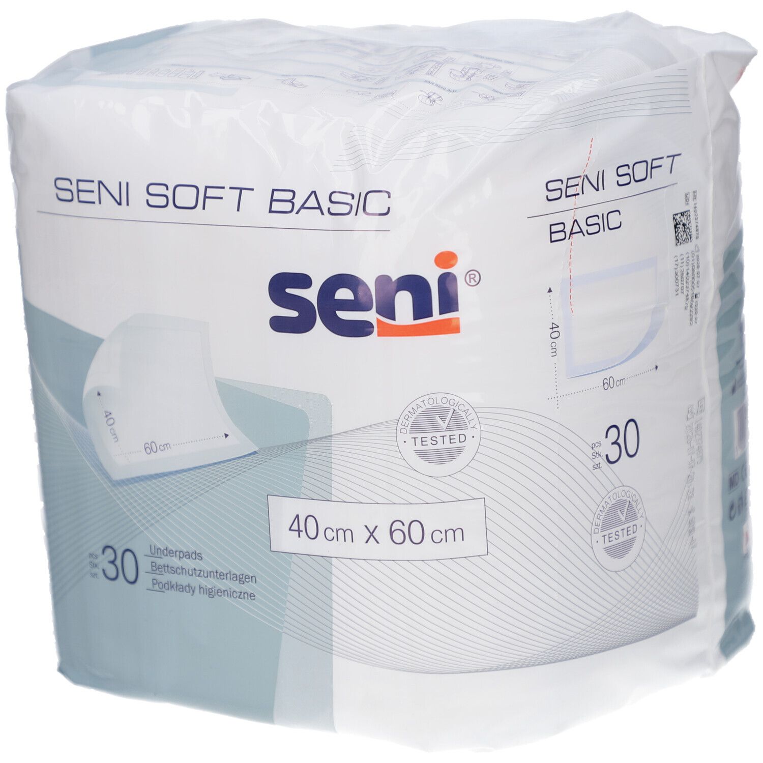 Verpackung Seni Soft Basic, 40x60 cm, 30 Stück. Logo Seni, Produktname, Größe und Zertifizierung.