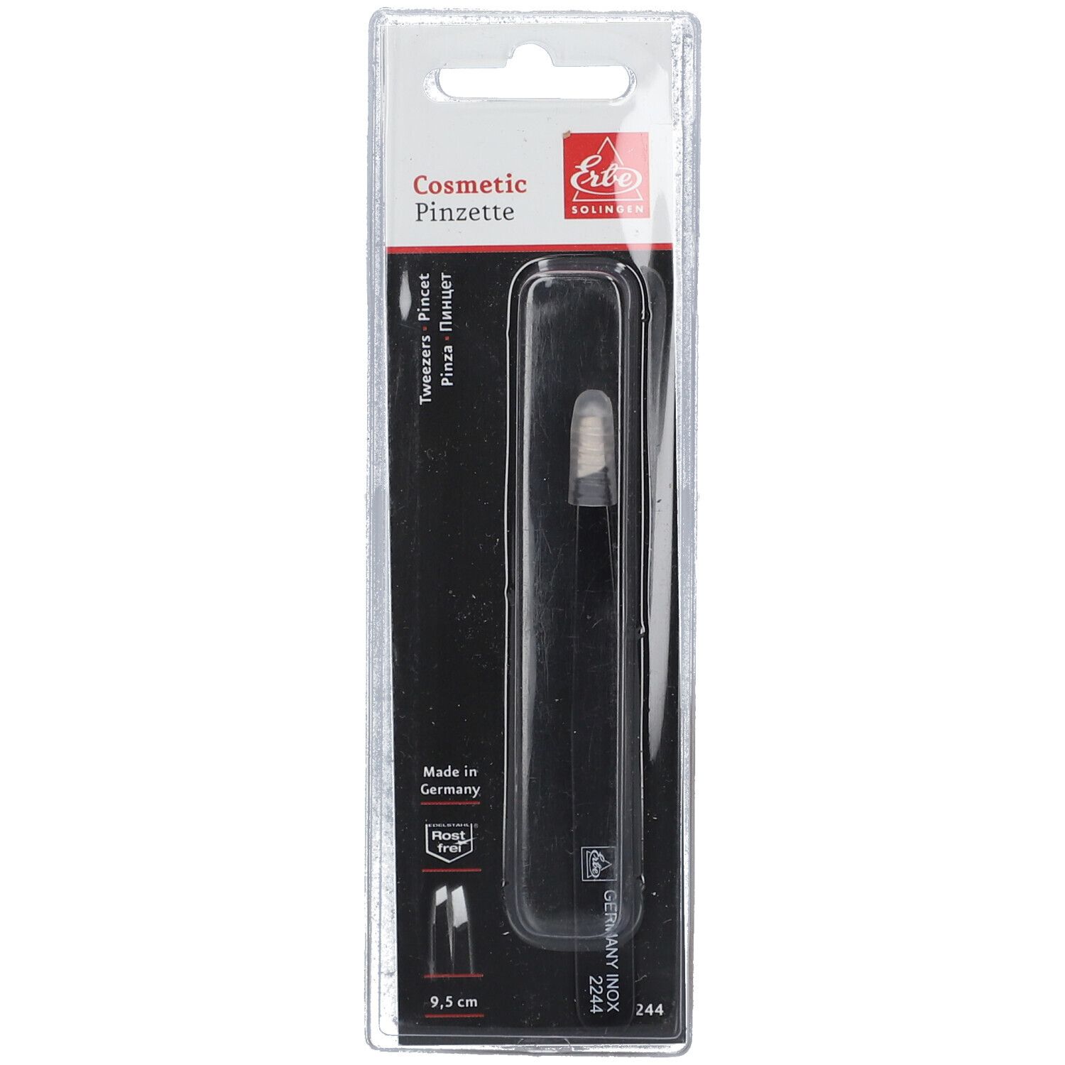 Pinzette in Verpackung. Schwarz, schräg, 9,5 cm. Marke: ERBE. Text: Cosmetic Pinzette, Germany Inox 2244.