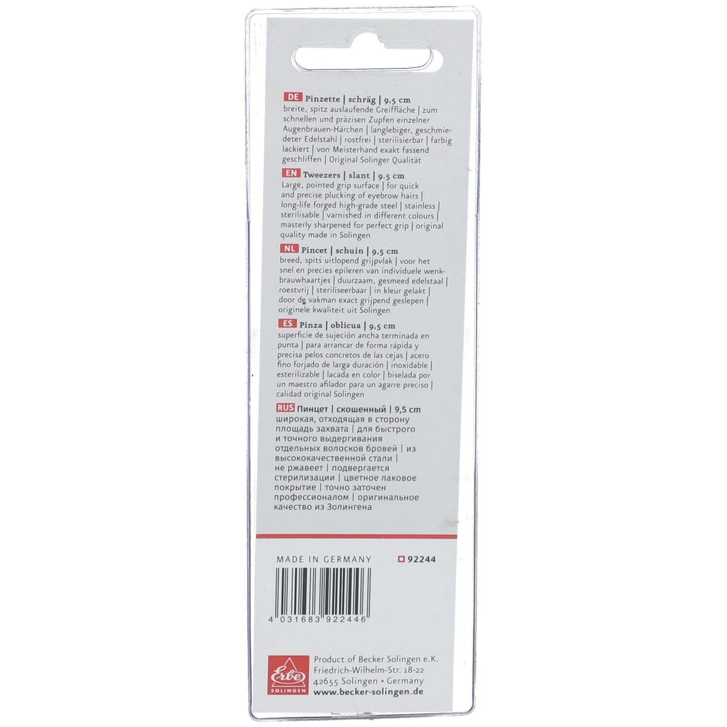 Rückseite der Verpackung. Text in mehreren Sprachen. Marke: ERBE. Hergestellt in Deutschland. Produkt von Becker Solingen.