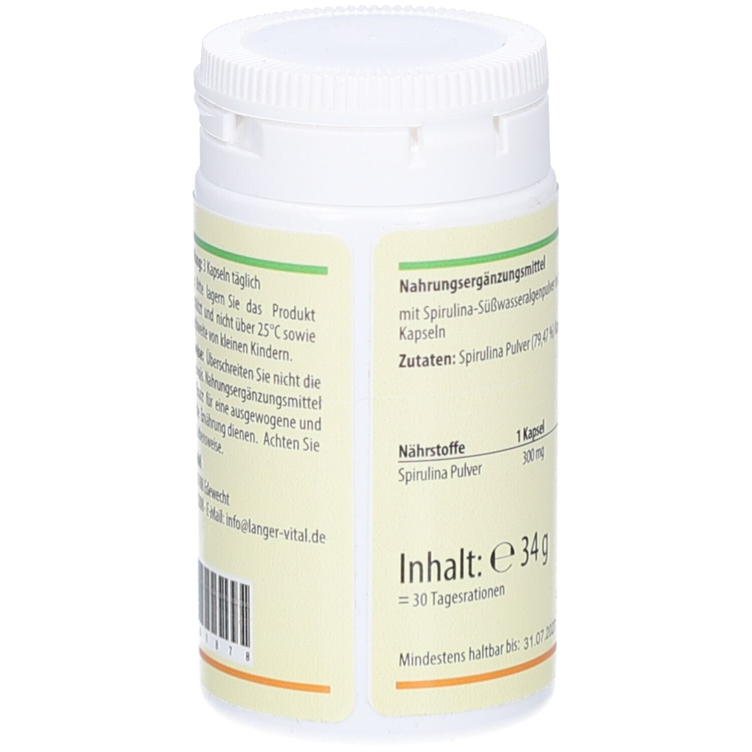 Weiße Dose mit Schraubverschluss. Rückseite mit Text. Nährwertangaben, Inhalt: 34g. Mindestens haltbar bis 31.07.2027.