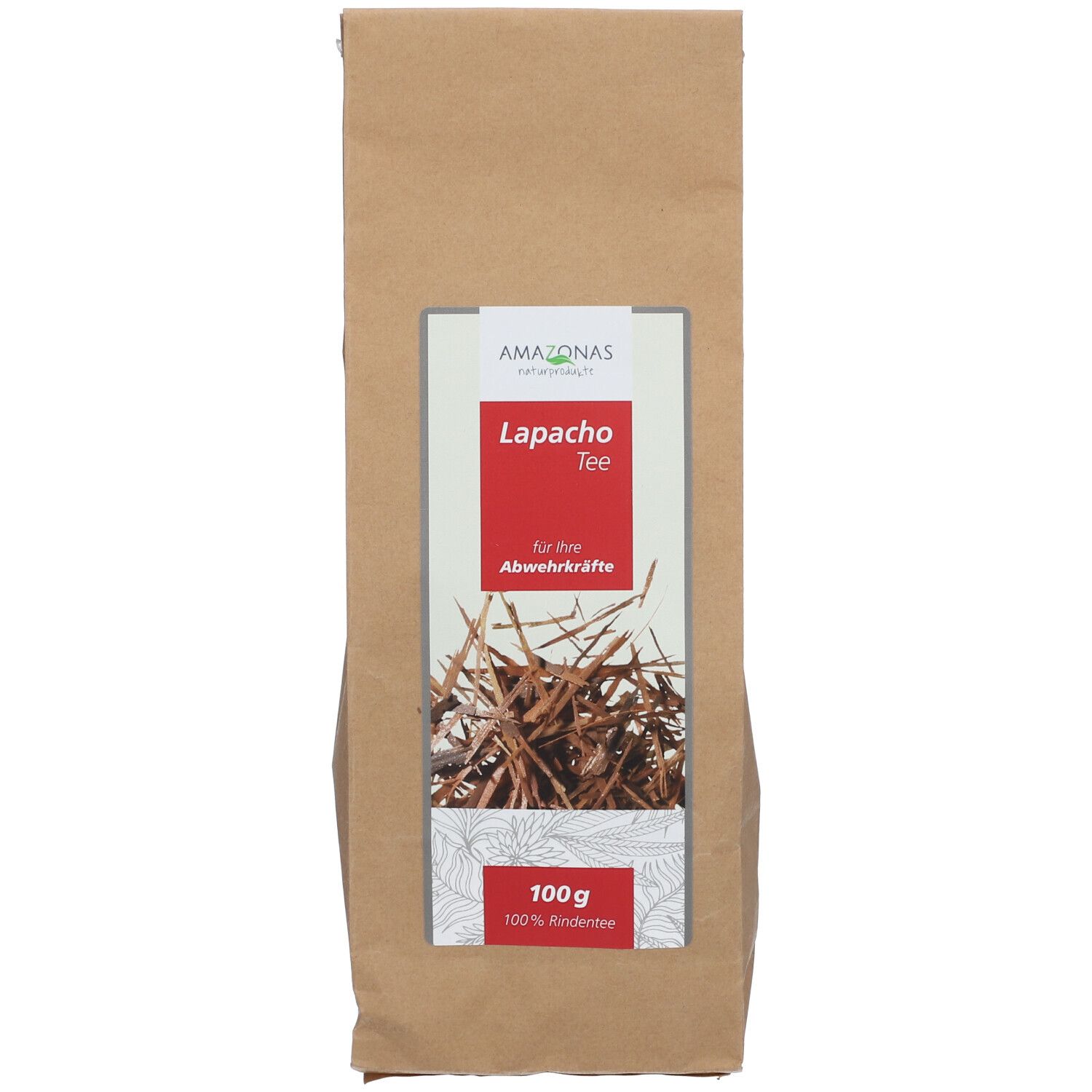 Beutel mit AMAZONAS Lapacho Tee. Rotes Etikett mit Produktname und Text. Unten 100g und 100% Rindentee.