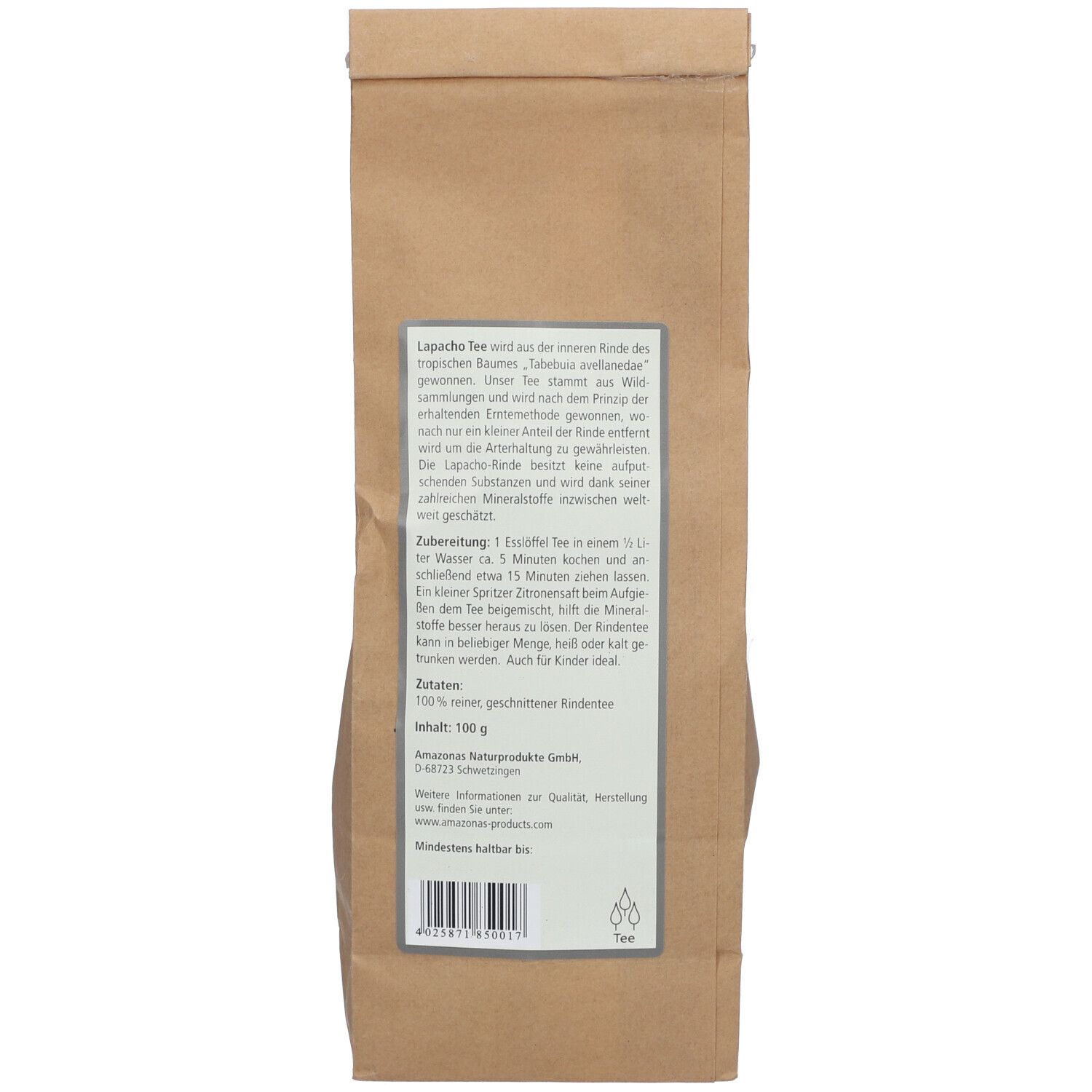 Rückseite eines Beutels mit AMAZONAS Lapacho Tee. Text in deutscher Sprache. Angaben zu Zutaten und Zubereitung.