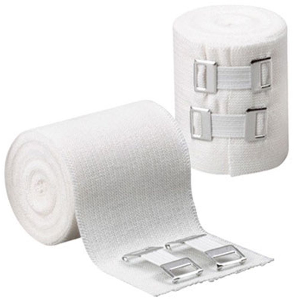 Zwei Rollen weißes Verbandmaterial. Eine Rolle abgerollt, mit zwei Metallclips. Die andere Rolle mit zwei Clips befestigt.