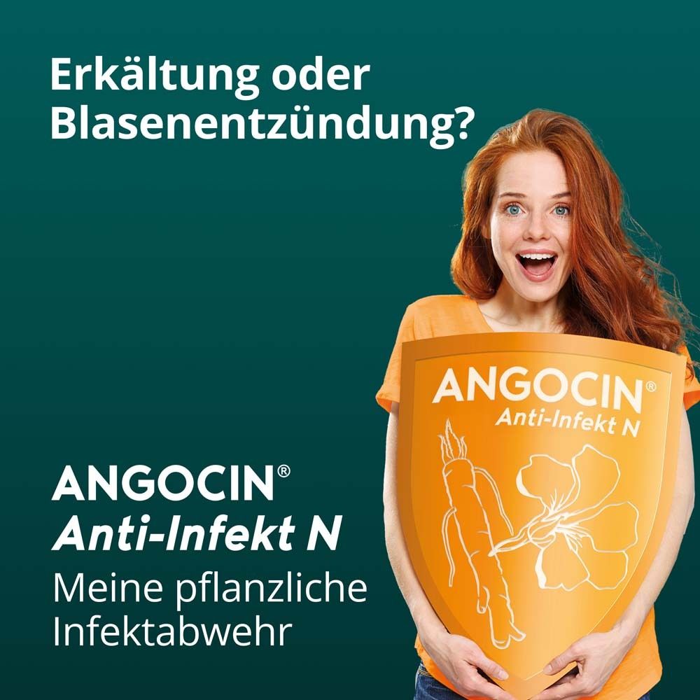 Frau hält Schild mit ANGOCIN® Anti-Infekt N. Text: Meine pflanzliche Infektabwehr. Hintergrund: Grün.