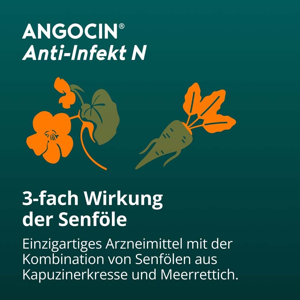 Text auf grünem Hintergrund: ANGOCIN® Anti-Infekt N. 3-fach Wirkung der Senföle. Illustrationen von Kresse und Meerrettich.