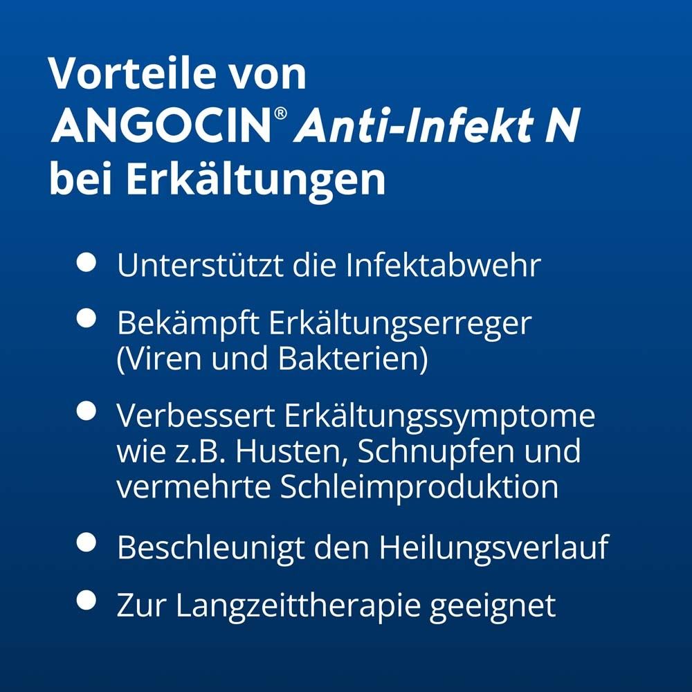 Text auf blauem Hintergrund: Vorteile von ANGOCIN® Anti-Infekt N bei Erkältungen. Aufzählungspunkte.
