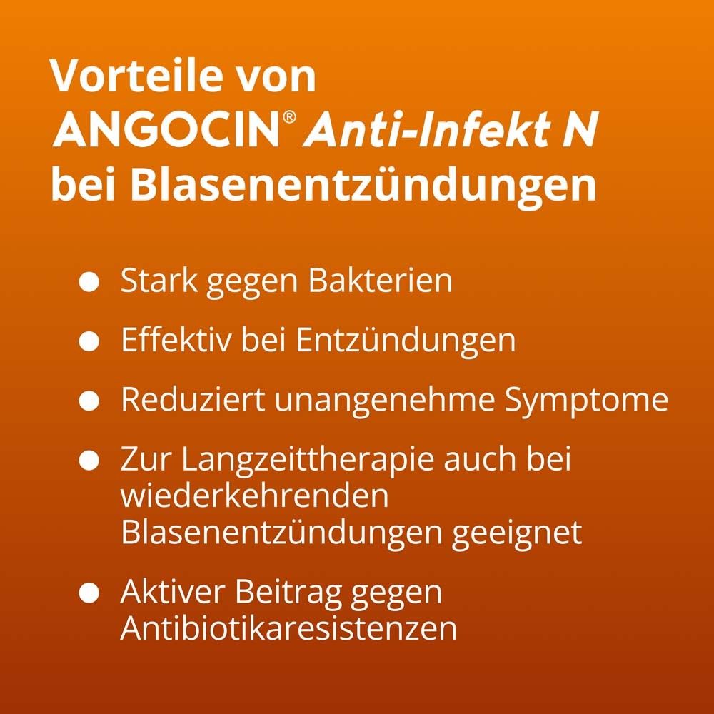 Text auf orangefarbenem Hintergrund: Vorteile von ANGOCIN® Anti-Infekt N bei Blasenentzündungen. Aufzählungspunkte.