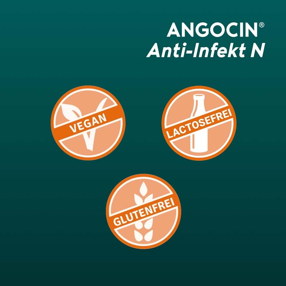 Drei Logos auf grünem Hintergrund: Vegan, Laktosefrei, Glutenfrei. Text: ANGOCIN® Anti-Infekt N.