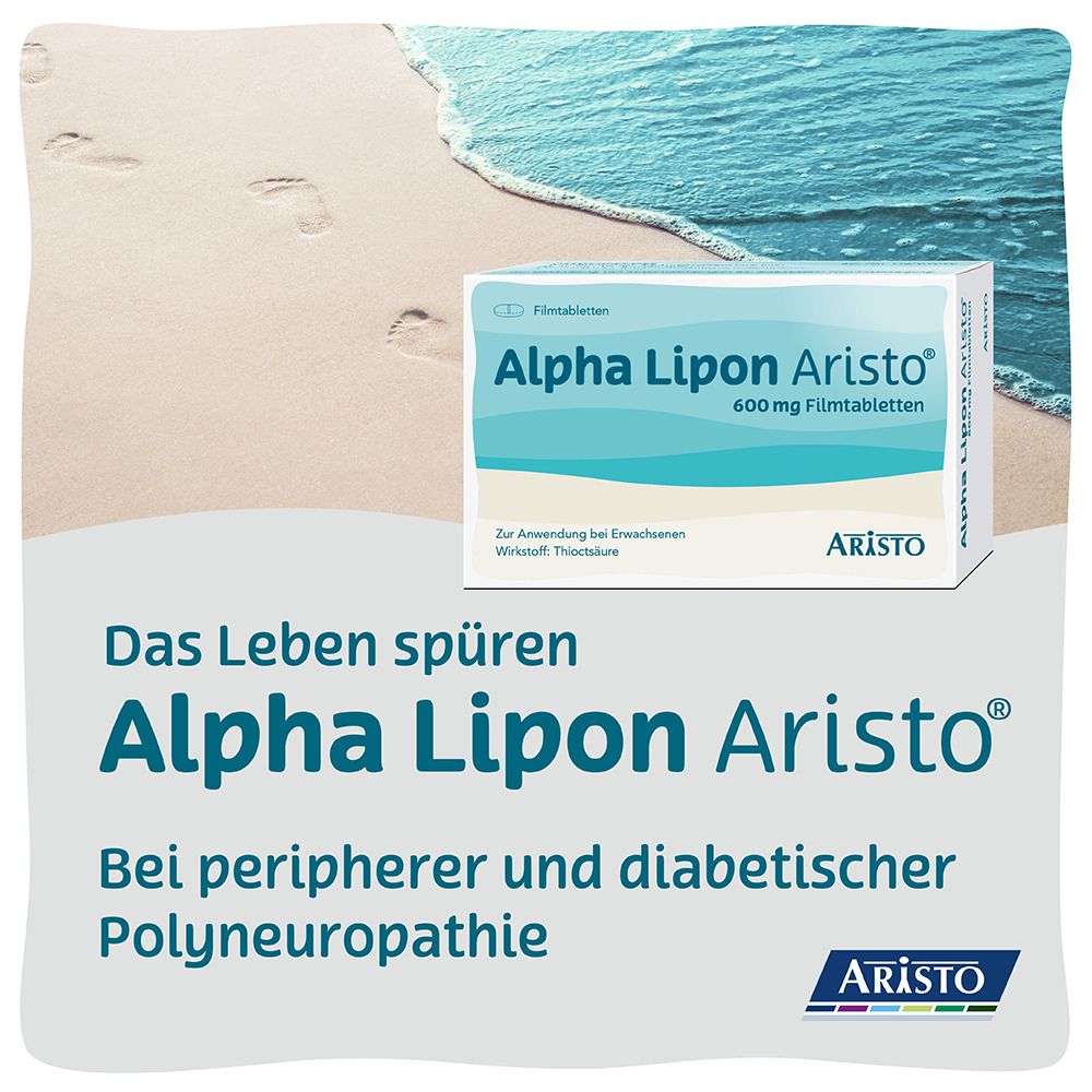 Werbebild mit Alpha Lipon Aristo Packung am Strand. Text: Das Leben spüren. Bei Polyneuropathie.