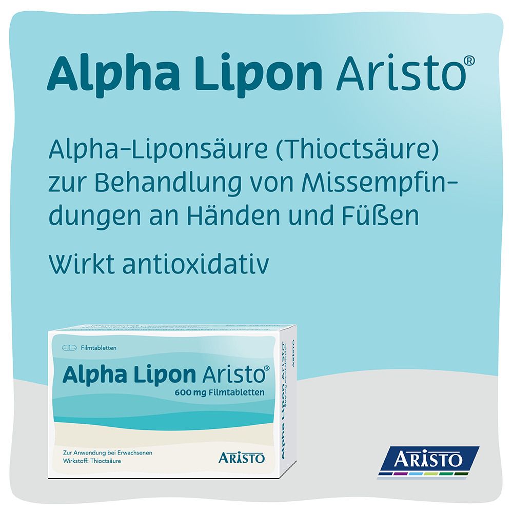 Werbebild mit Alpha Lipon Aristo Packung. Text: Alpha-Liponsäure zur Behandlung von Missempfindungen. Wirkt antioxidativ.